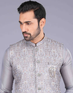 Collection of Light Grey All Over Floral Design Embroidery Work Kurta Jacket Set in a gallery layout