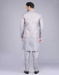 Collection of Light Grey All Over Floral Design Embroidery Work Kurta Jacket Set in a gallery layout