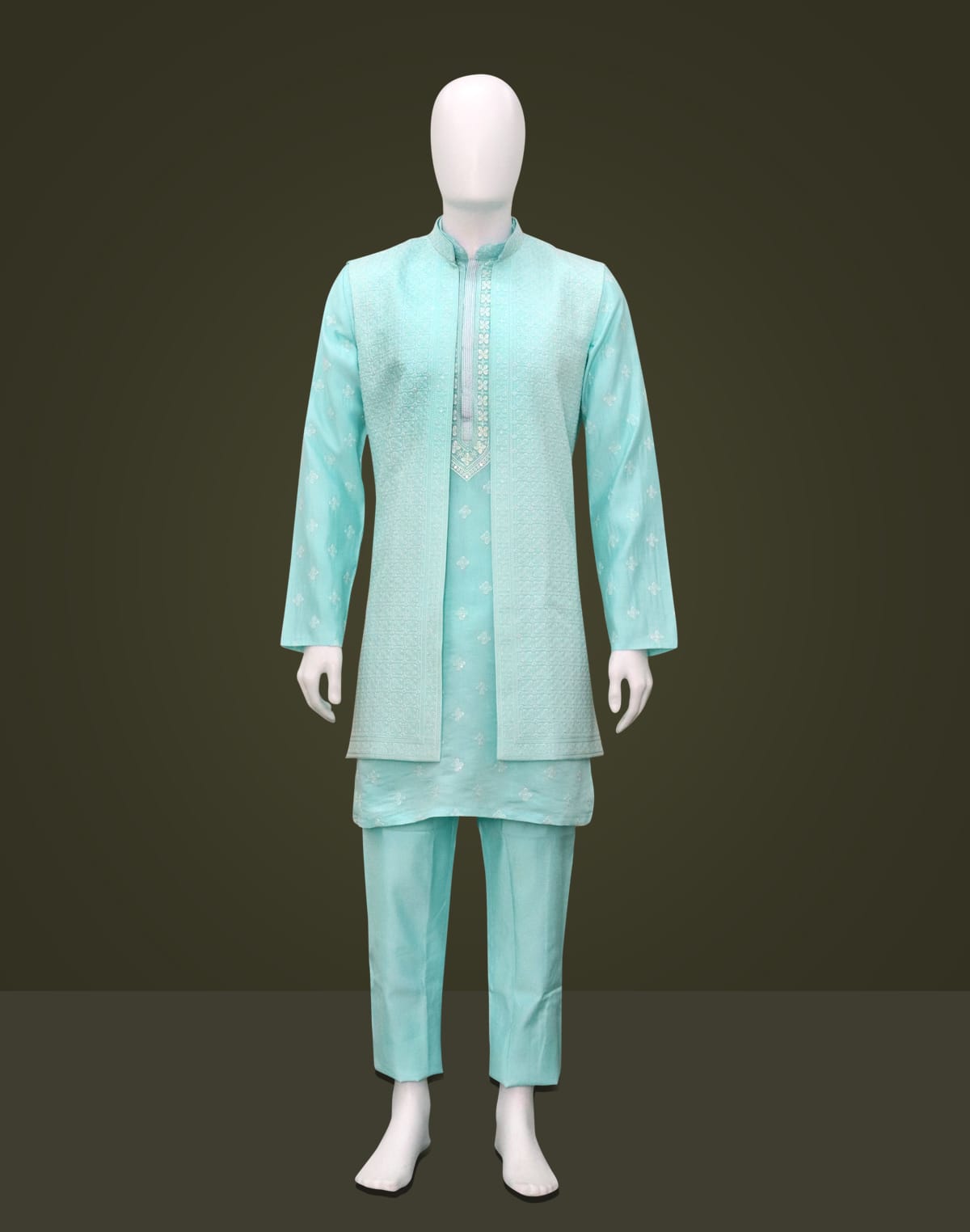 Collection of Elegant Firozi Raw Sill Floral Design Kurta Jacket Set in a gallery layout