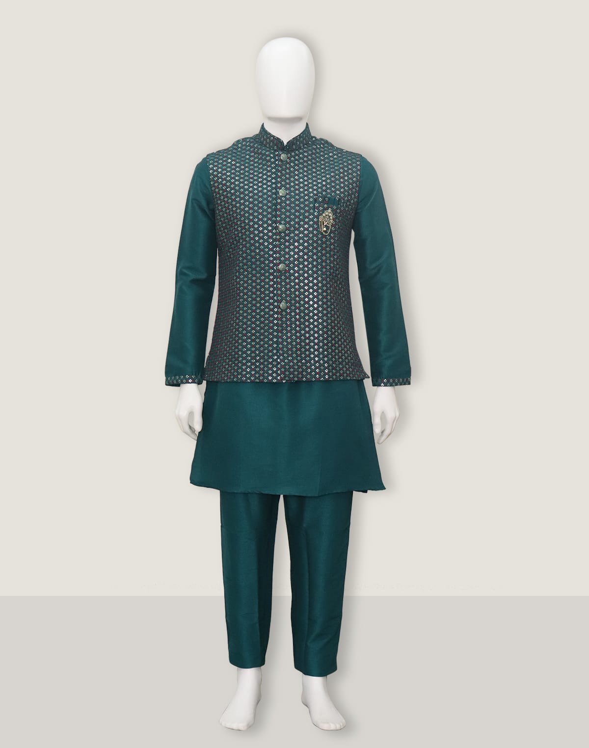 Collection of Sequence work Rama Green Raw Silk Kurta Jacket Set in a gallery layout