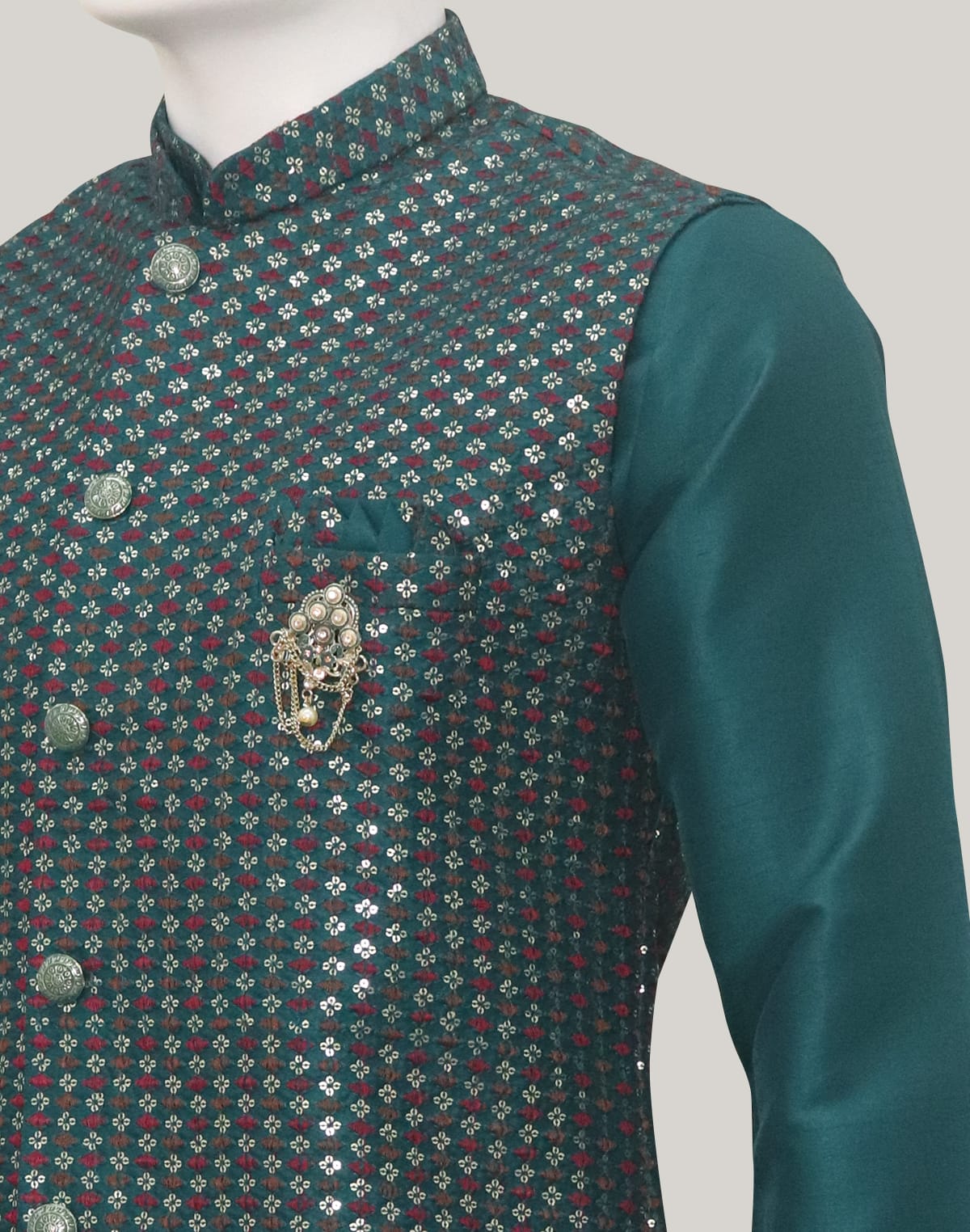 Collection of Sequence work Rama Green Raw Silk Kurta Jacket Set in a gallery layout