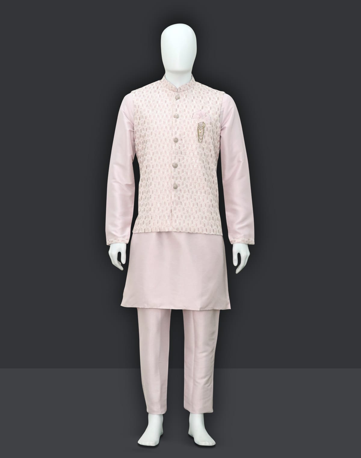 Collection of Raw Silk Onion Colour Kurta Jacket Set in a gallery layout