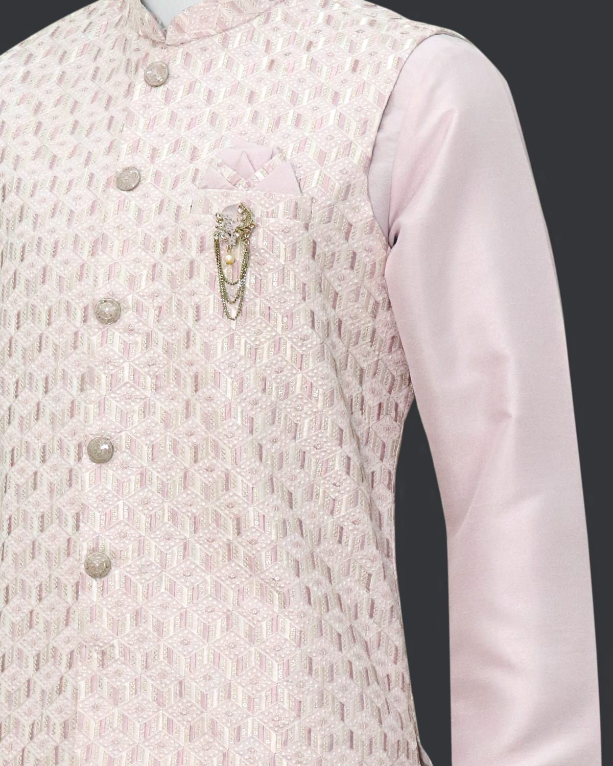 Collection of Raw Silk Onion Colour Kurta Jacket Set in a gallery layout