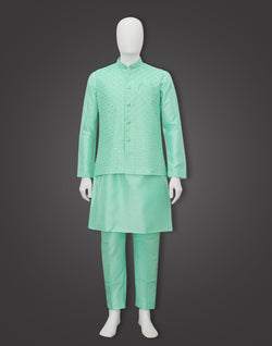 Collection of Sea Green Coloured Raw Silk Kurta Jacket Set in a gallery layout