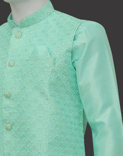 Collection of Sea Green Coloured Raw Silk Kurta Jacket Set in a gallery layout