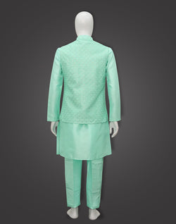 Collection of Sea Green Coloured Raw Silk Kurta Jacket Set in a gallery layout