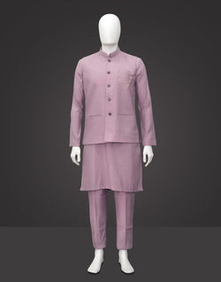 Collection of Embroidered and Embellished Raw Silk Purple Self Design Kurta Jacket Set in a gallery layout