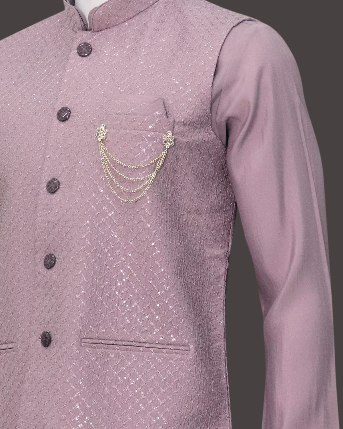 Collection of Embroidered and Embellished Raw Silk Purple Self Design Kurta Jacket Set in a gallery layout