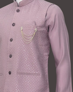 Collection of Embroidered and Embellished Raw Silk Purple Self Design Kurta Jacket Set in a gallery layout