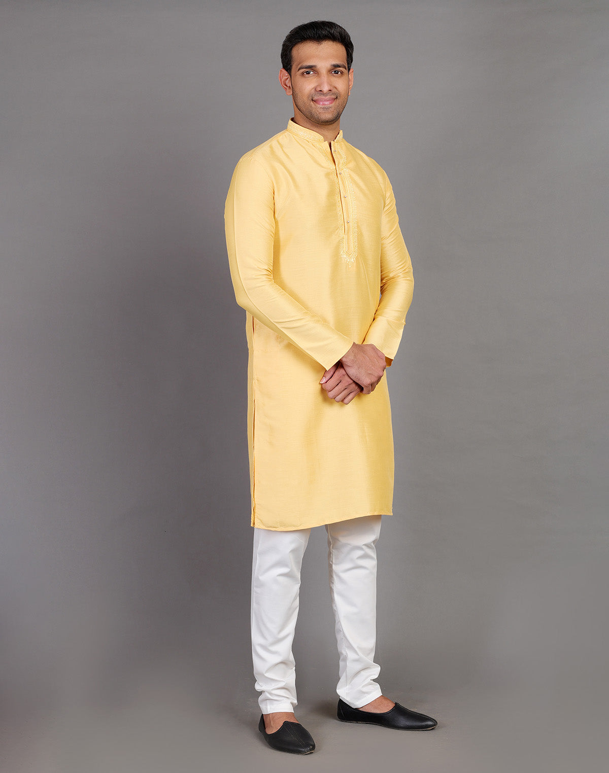 Collection of Simple Yellow Coloured Plain Soft Silk Kurta Pajama in a gallery layout