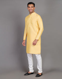 Collection of Simple Yellow Coloured Plain Soft Silk Kurta Pajama in a gallery layout