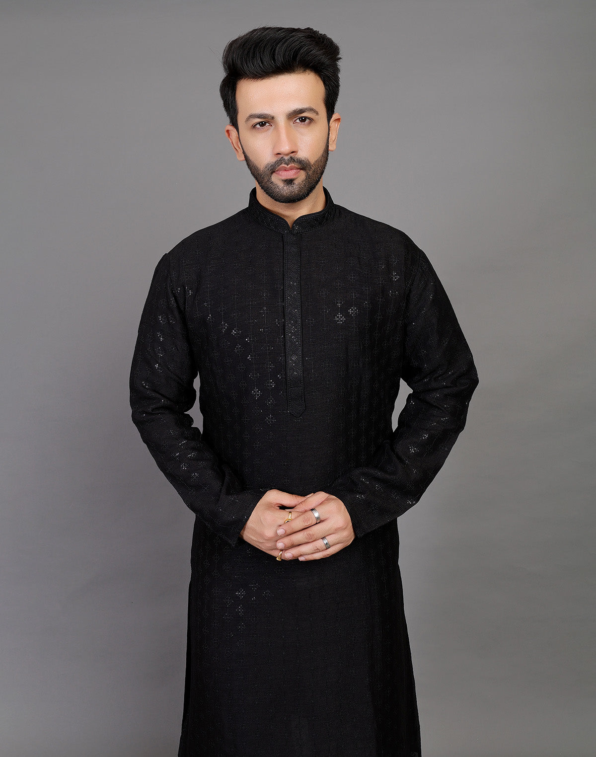 Collection of Stylish All Over Sequence Work Black Party Wear Kurta Set in a gallery layout