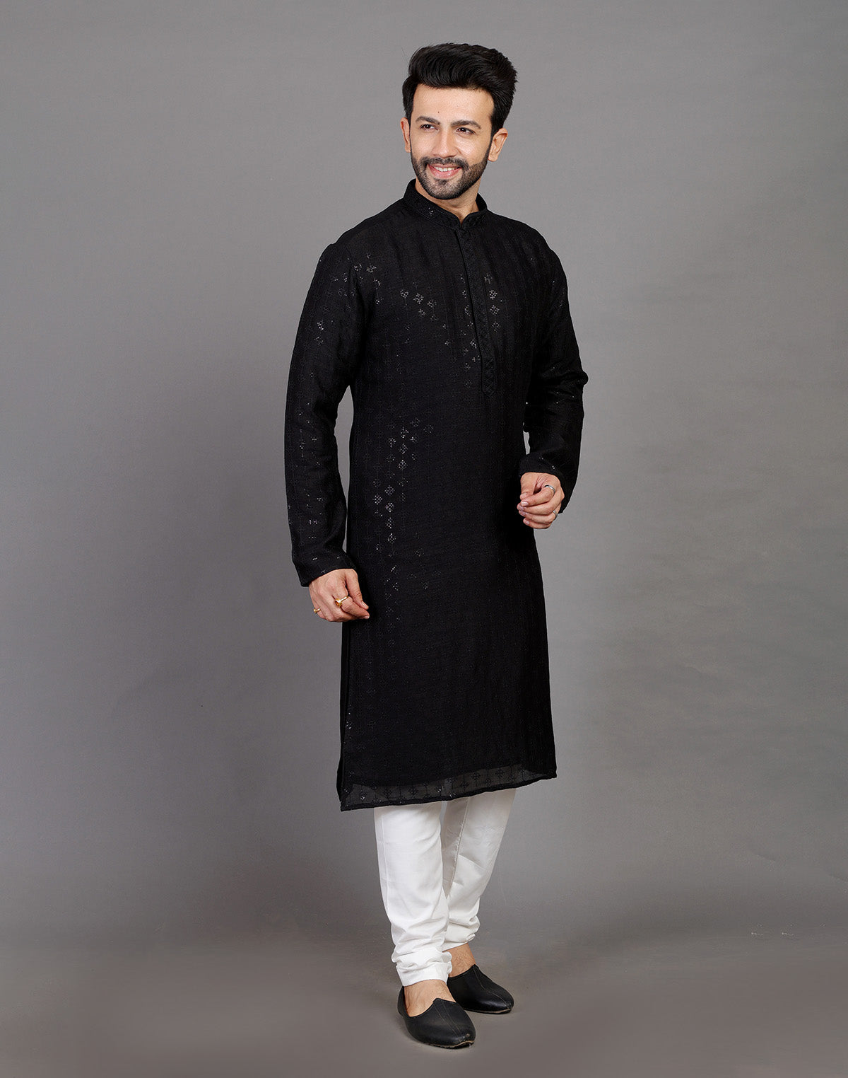 Collection of Stylish All Over Sequence Work Black Party Wear Kurta Set in a gallery layout