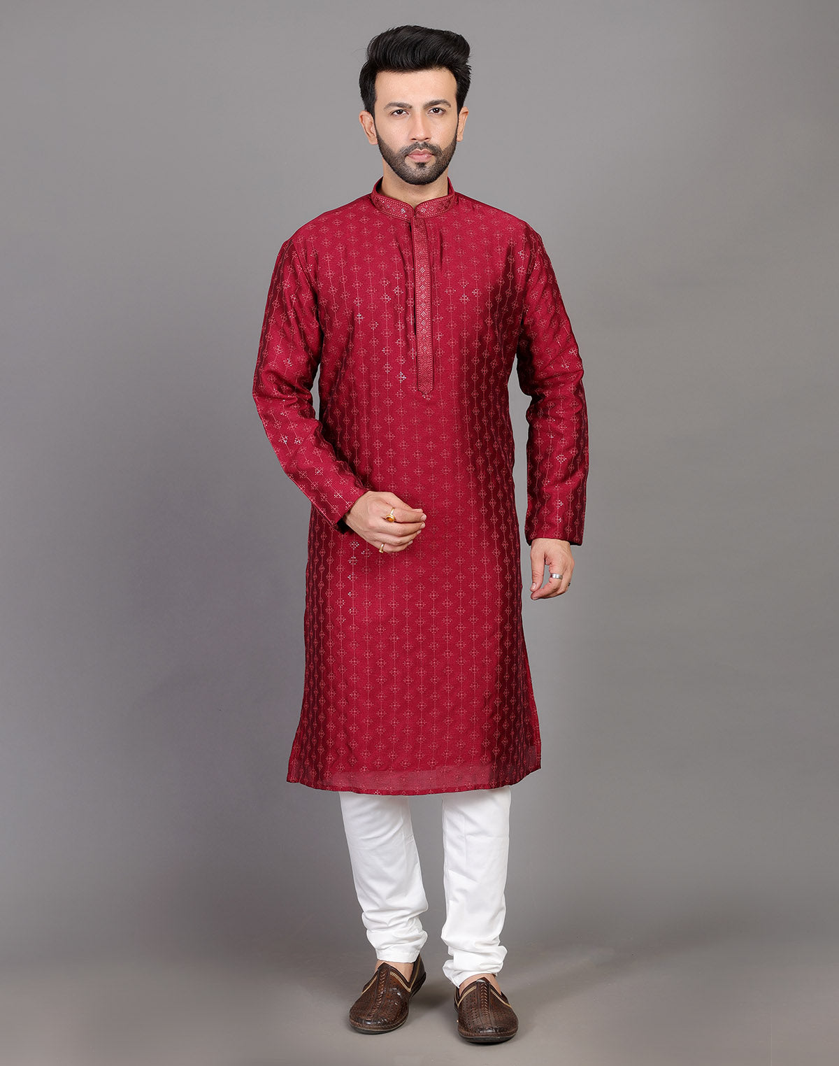 Collection of Stylish All Over Sequence Work Maroon Party Wear Kurta Set in a gallery layout