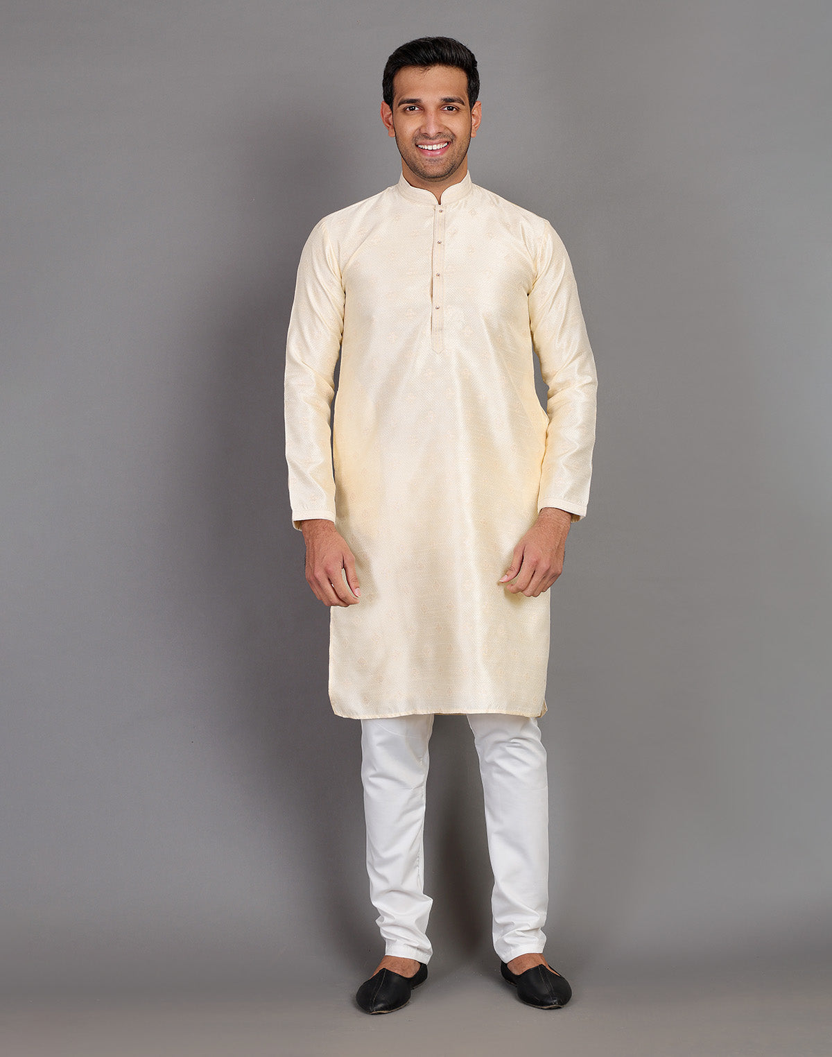 Collection of Simple Self Made Cream Thread Work Design Soft Silk Kurta Pyjama Set in a gallery layout