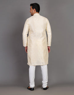 Collection of Simple Self Made Cream Thread Work Design Soft Silk Kurta Pyjama Set in a gallery layout