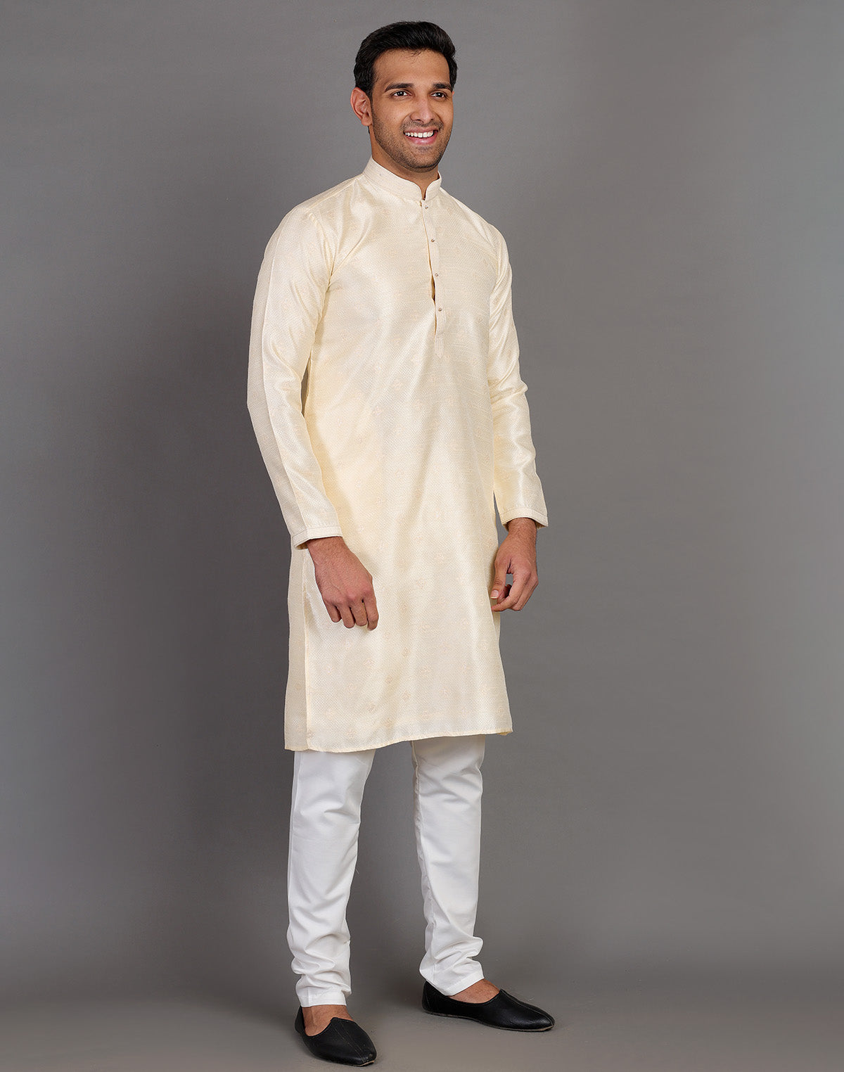 Collection of Simple Self Made Cream Thread Work Design Soft Silk Kurta Pyjama Set in a gallery layout