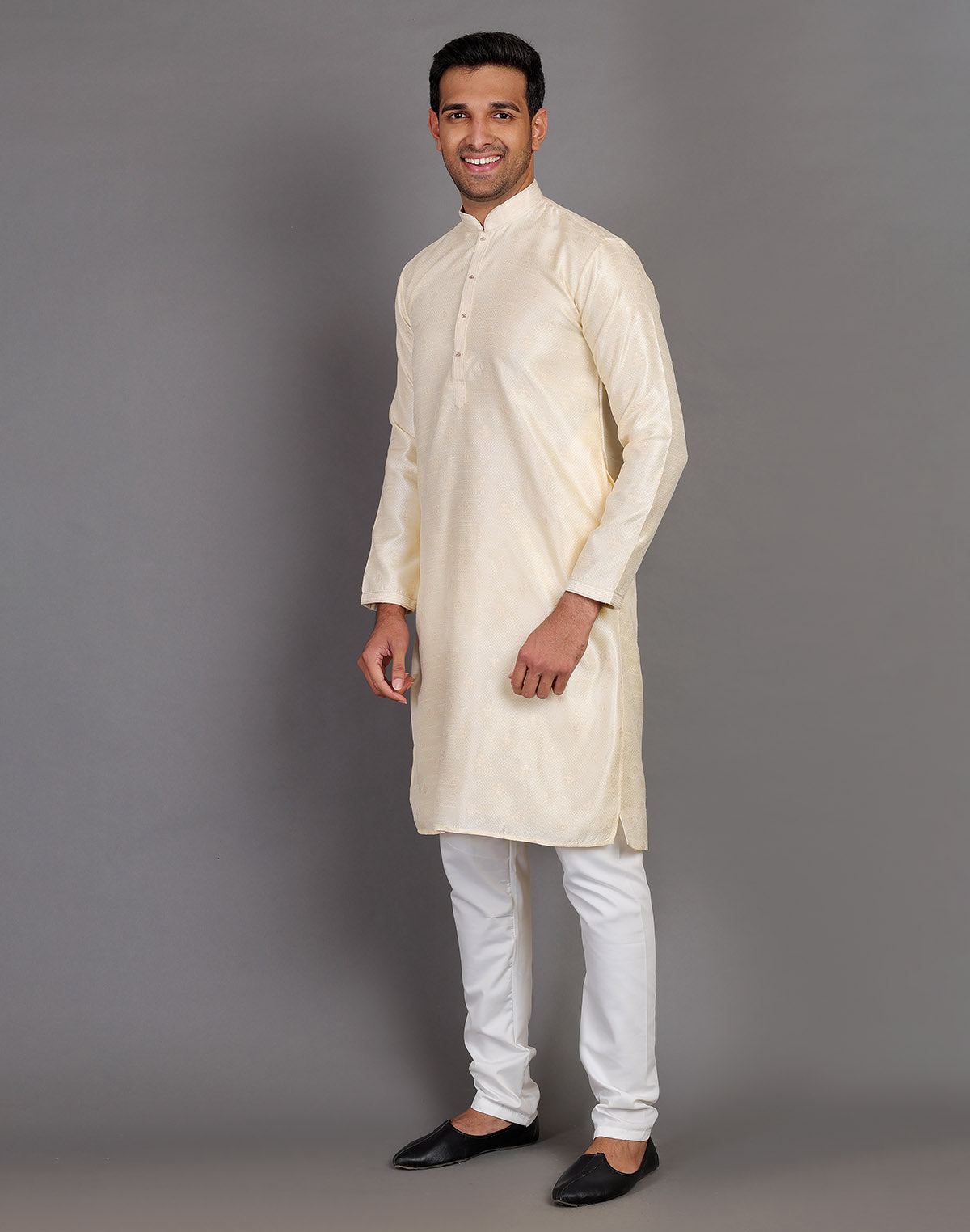 Collection of Simple Self Made Cream Thread Work Design Soft Silk Kurta Pyjama Set in a gallery layout