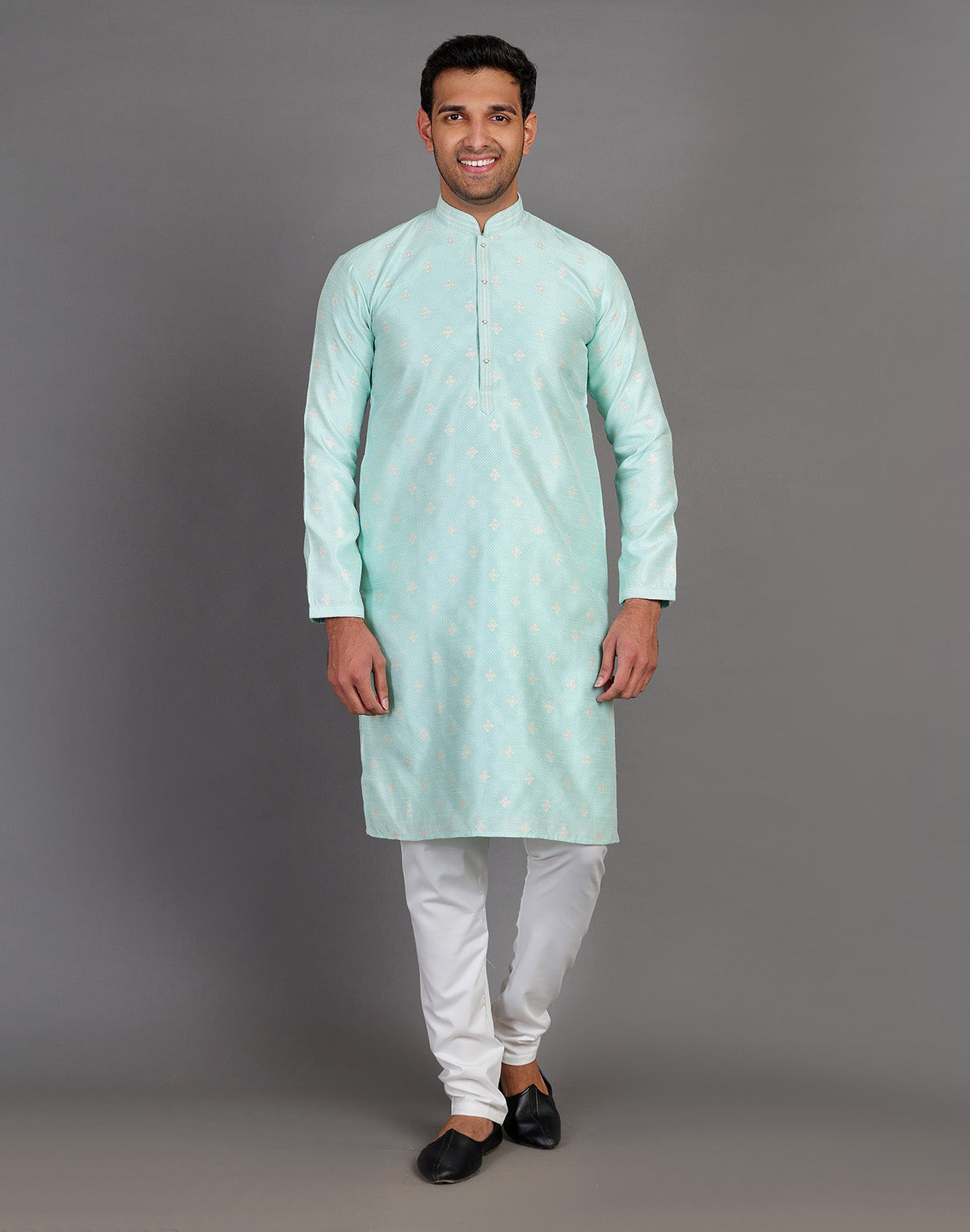 Collection of Simple Self Made Thread Work Design Sea Green Soft Silk Kurta Pyjama Set in a gallery layout