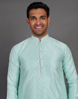 Collection of Simple Self Made Thread Work Design Sea Green Soft Silk Kurta Pyjama Set in a gallery layout