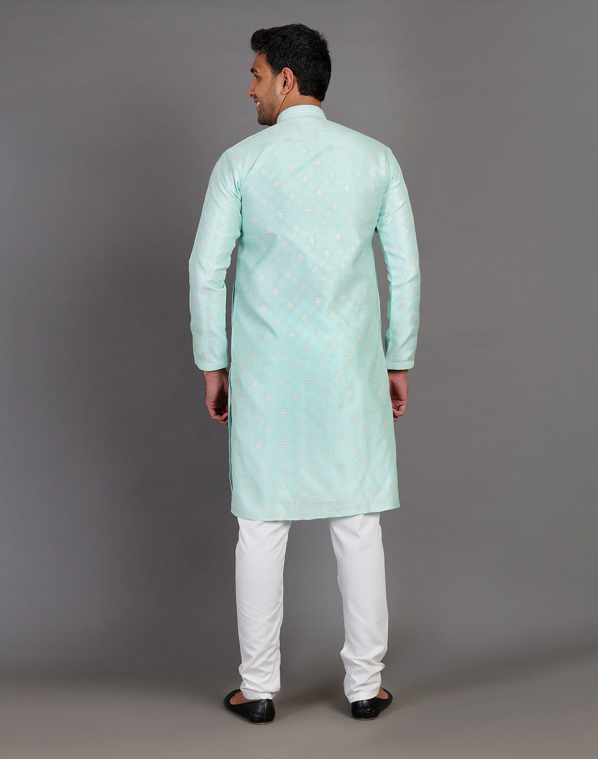 Collection of Simple Self Made Thread Work Design Sea Green Soft Silk Kurta Pyjama Set in a gallery layout