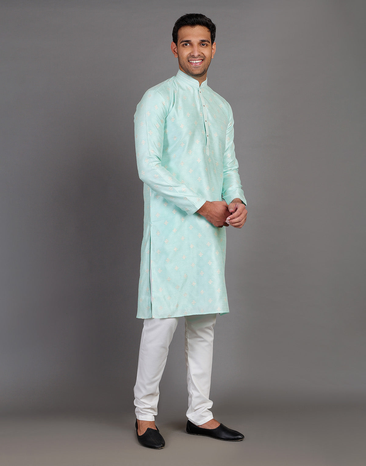 Collection of Simple Self Made Thread Work Design Sea Green Soft Silk Kurta Pyjama Set in a gallery layout