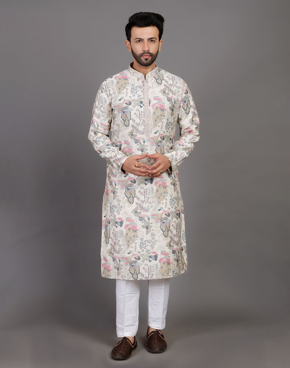 Collection of Off White Graphic Print Party Wear Kurta Pyjama Set in a gallery layout