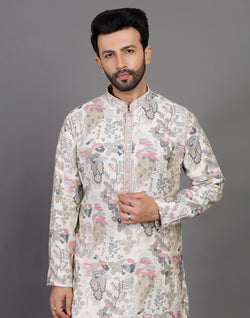 Collection of Off White Graphic Print Party Wear Kurta Pyjama Set in a gallery layout