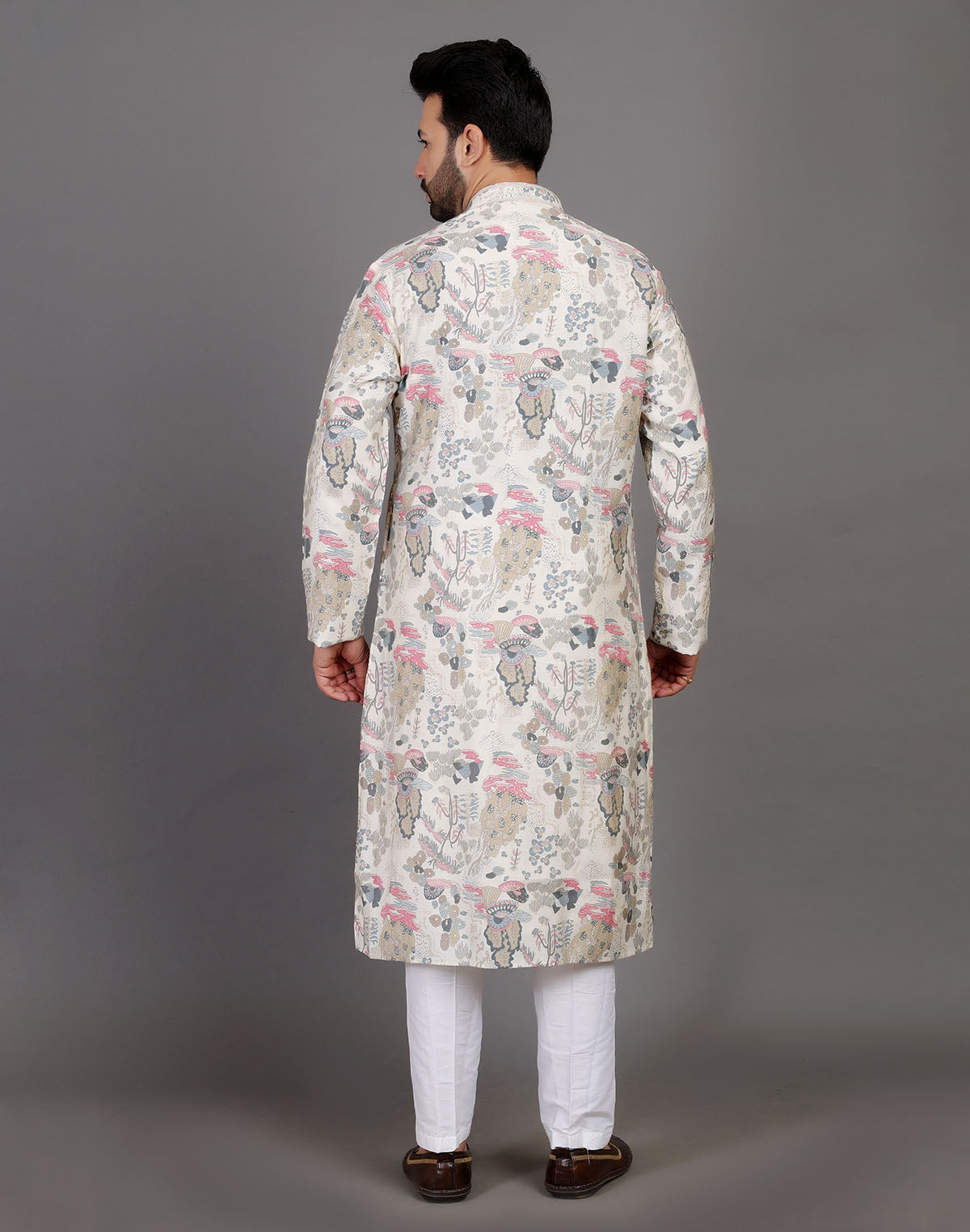 Collection of Off White Graphic Print Party Wear Kurta Pyjama Set in a gallery layout