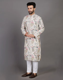 Collection of Off White Graphic Print Party Wear Kurta Pyjama Set in a gallery layout