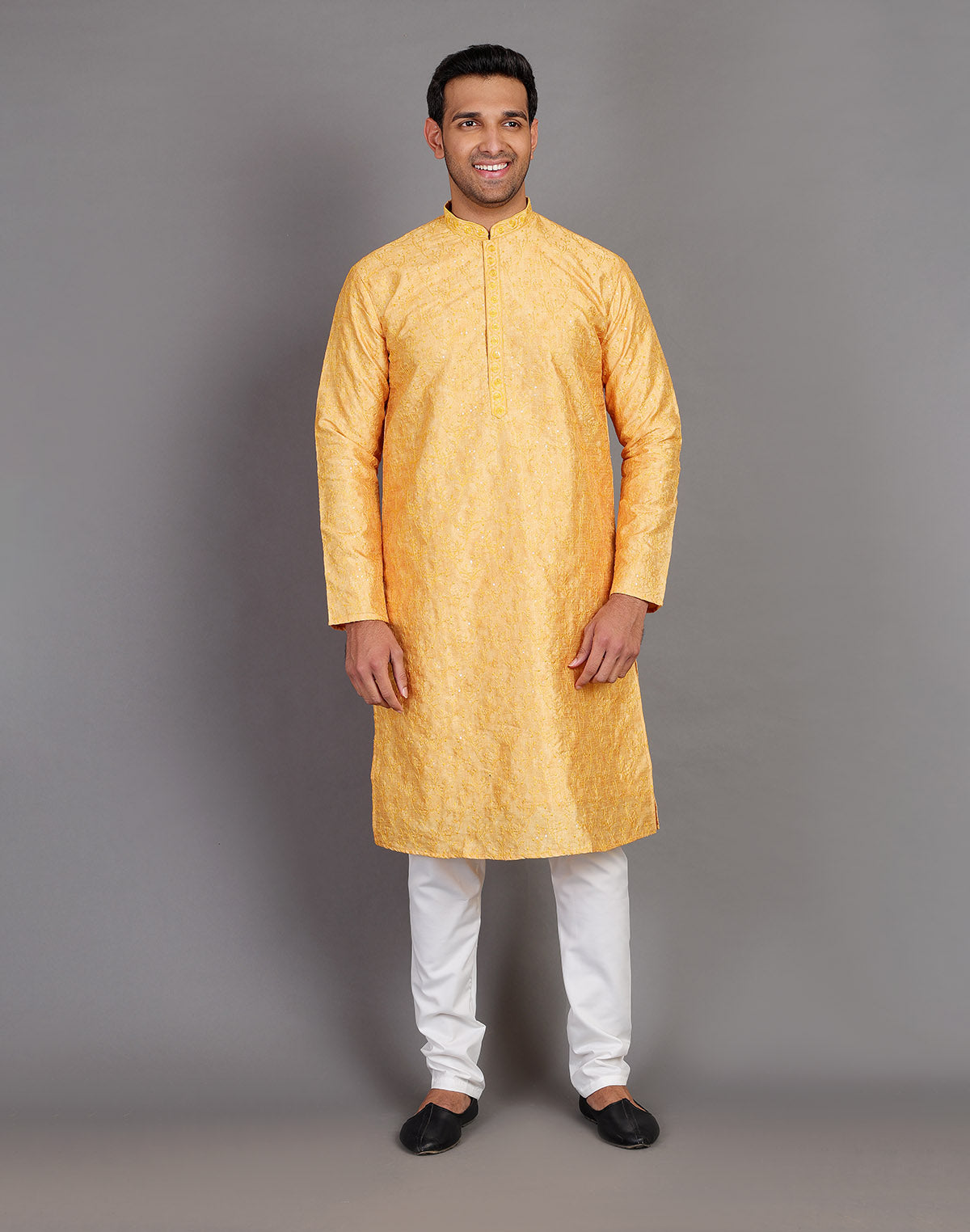 Collection of Self Thread Embroidery Design Yellow Kurta Pyjama Set in a gallery layout