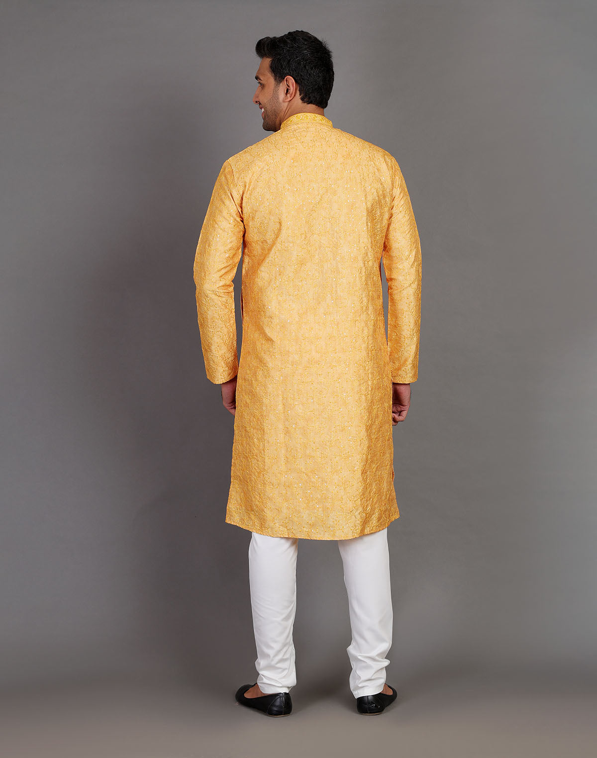 Self Thread Embroidery Design Yellow Kurta Pyjama Set