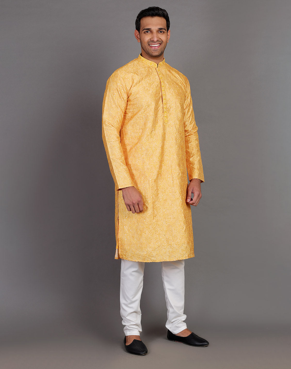 Self Thread Embroidery Design Yellow Kurta Pyjama Set