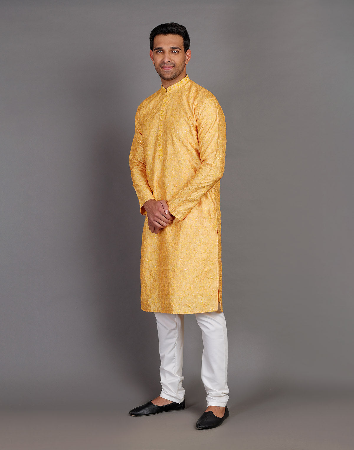 Collection of Self Thread Embroidery Design Yellow Kurta Pyjama Set in a gallery layout