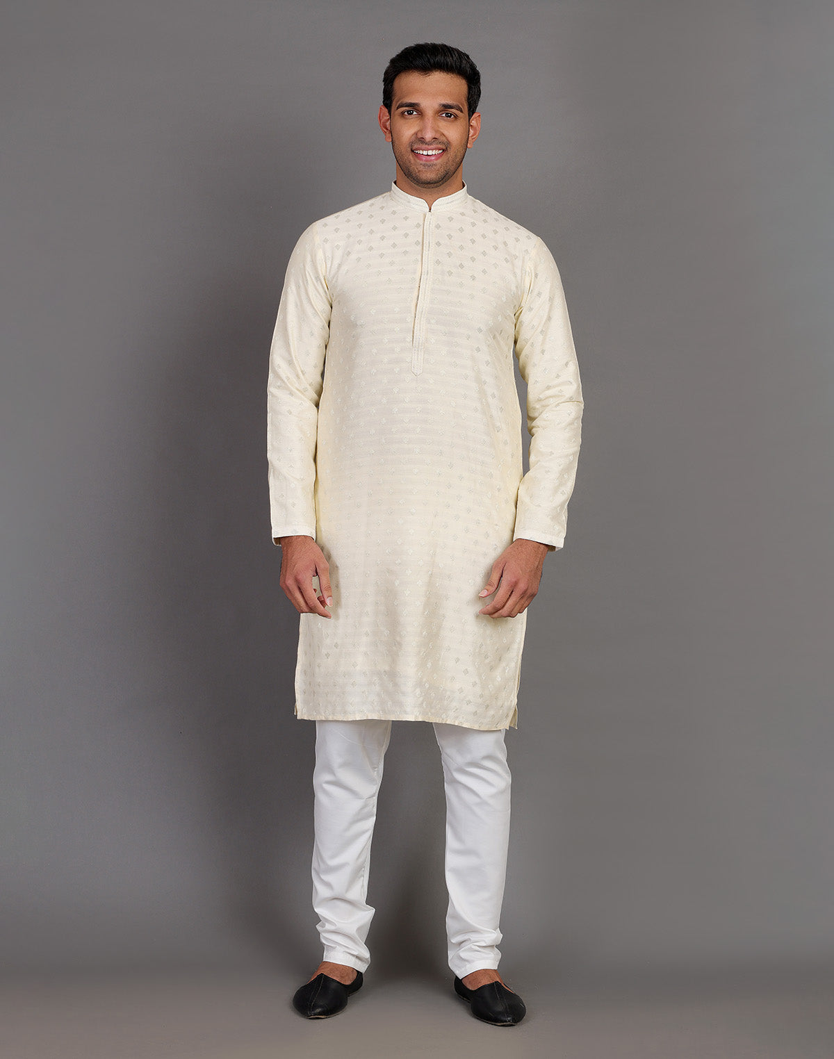 Soft Silk Cream All Over Silver Bootis Kurta Pyjama Set