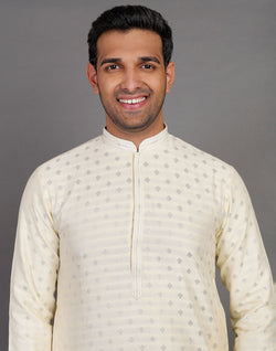 Collection of Soft Silk Cream All Over Silver Bootis Kurta Pyjama Set in a gallery layout