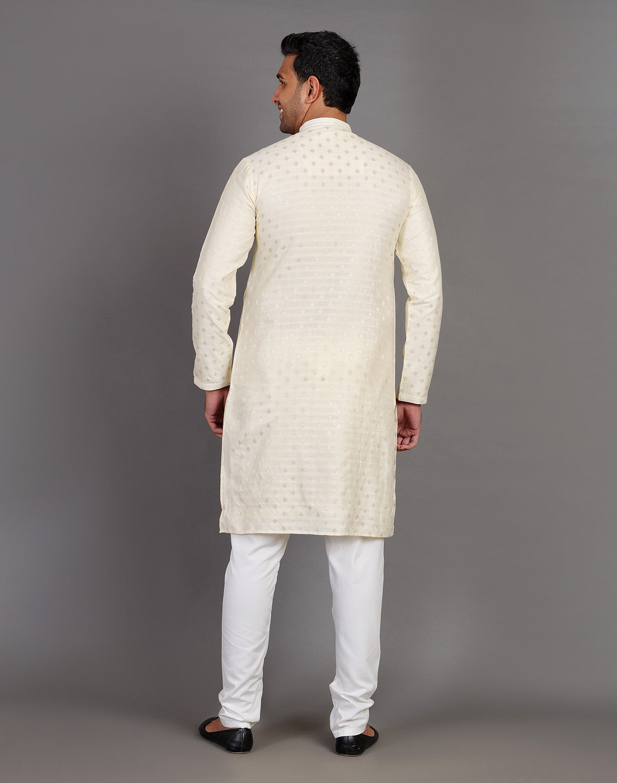 Soft Silk Cream All Over Silver Bootis Kurta Pyjama Set