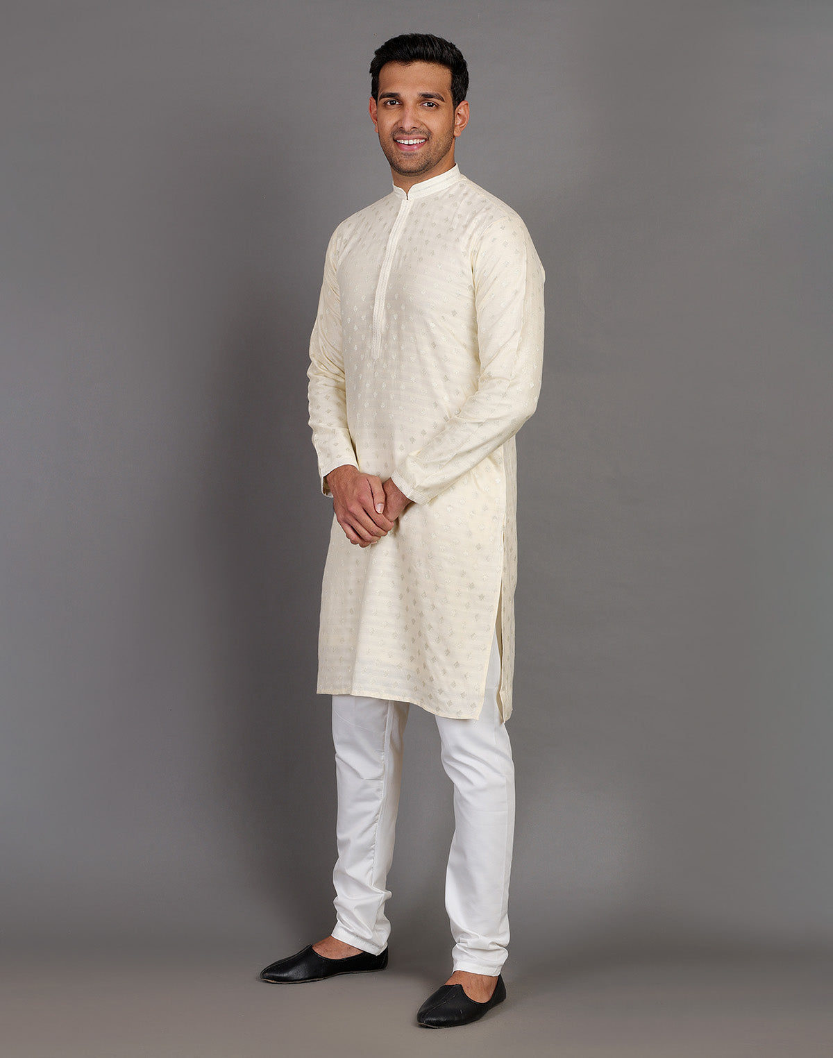 Soft Silk Cream All Over Silver Bootis Kurta Pyjama Set