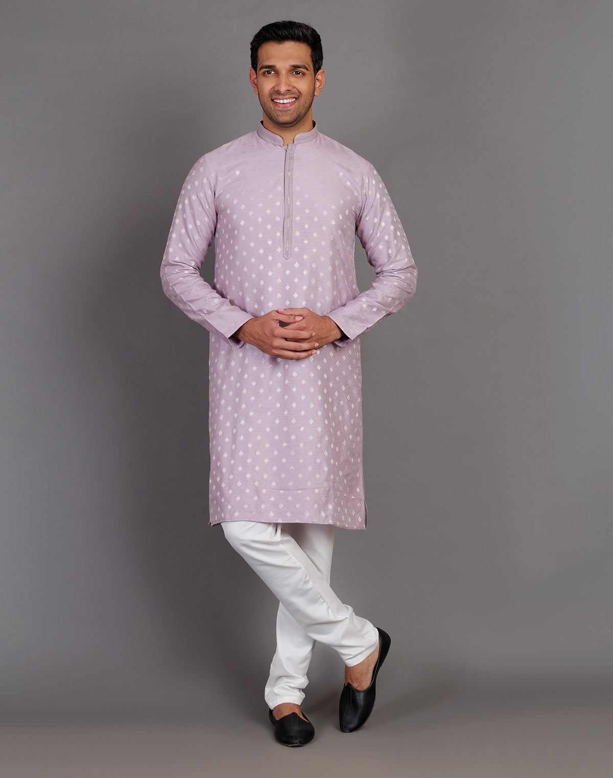 Collection of Soft Silk Lavender Coloured All Over Silver Bootis Kurta Pyjama Set in a gallery layout