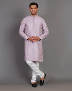 Collection of Soft Silk Lavender Coloured All Over Silver Bootis Kurta Pyjama Set in a gallery layout