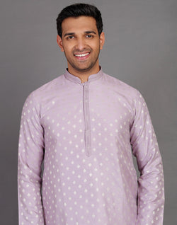 Collection of Soft Silk Lavender Coloured All Over Silver Bootis Kurta Pyjama Set in a gallery layout