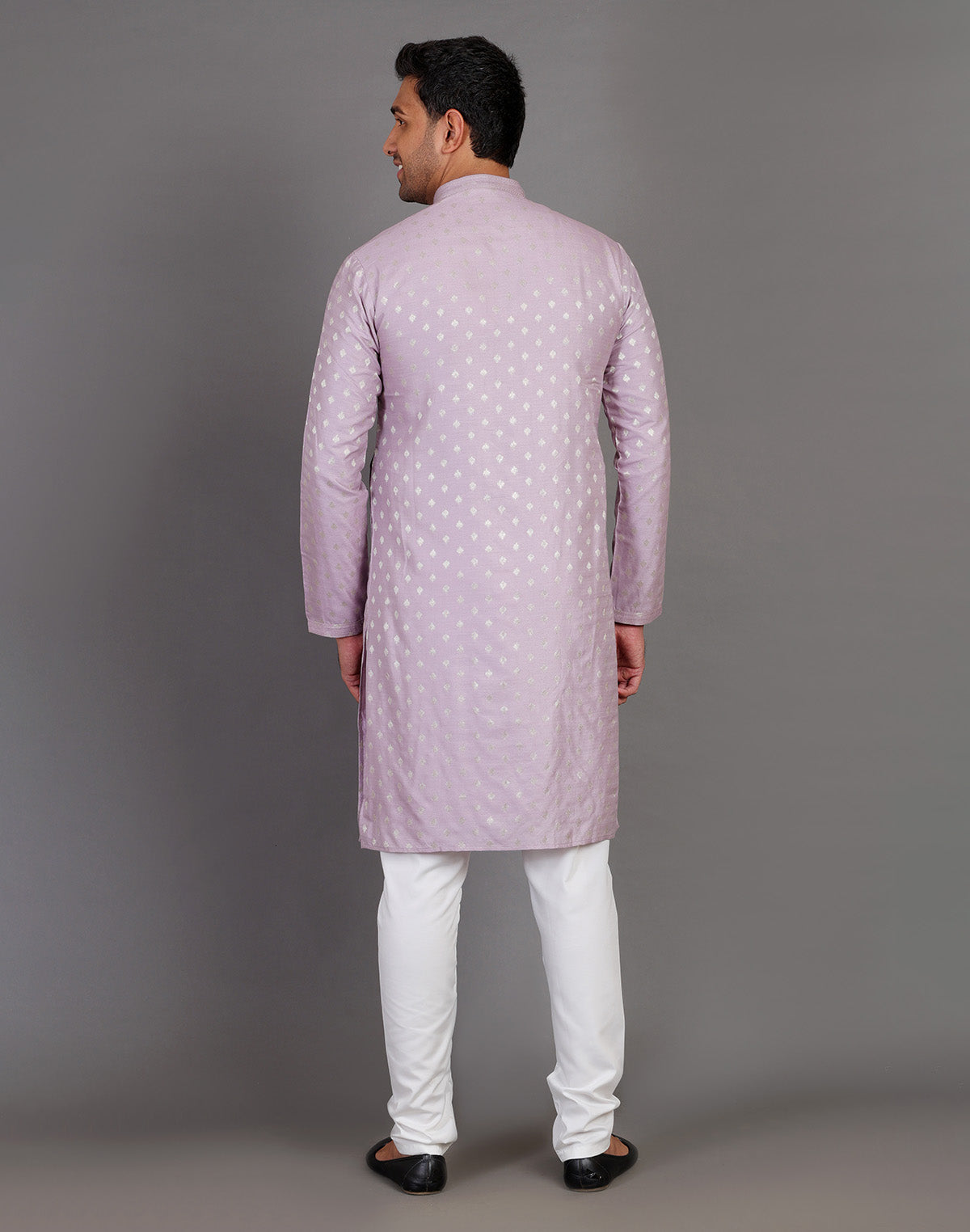 Soft Silk Lavender Coloured All Over Silver Bootis Kurta Pyjama Set