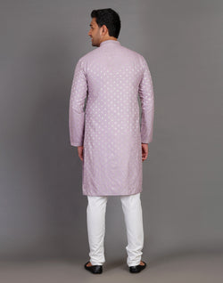 Collection of Soft Silk Lavender Coloured All Over Silver Bootis Kurta Pyjama Set in a gallery layout