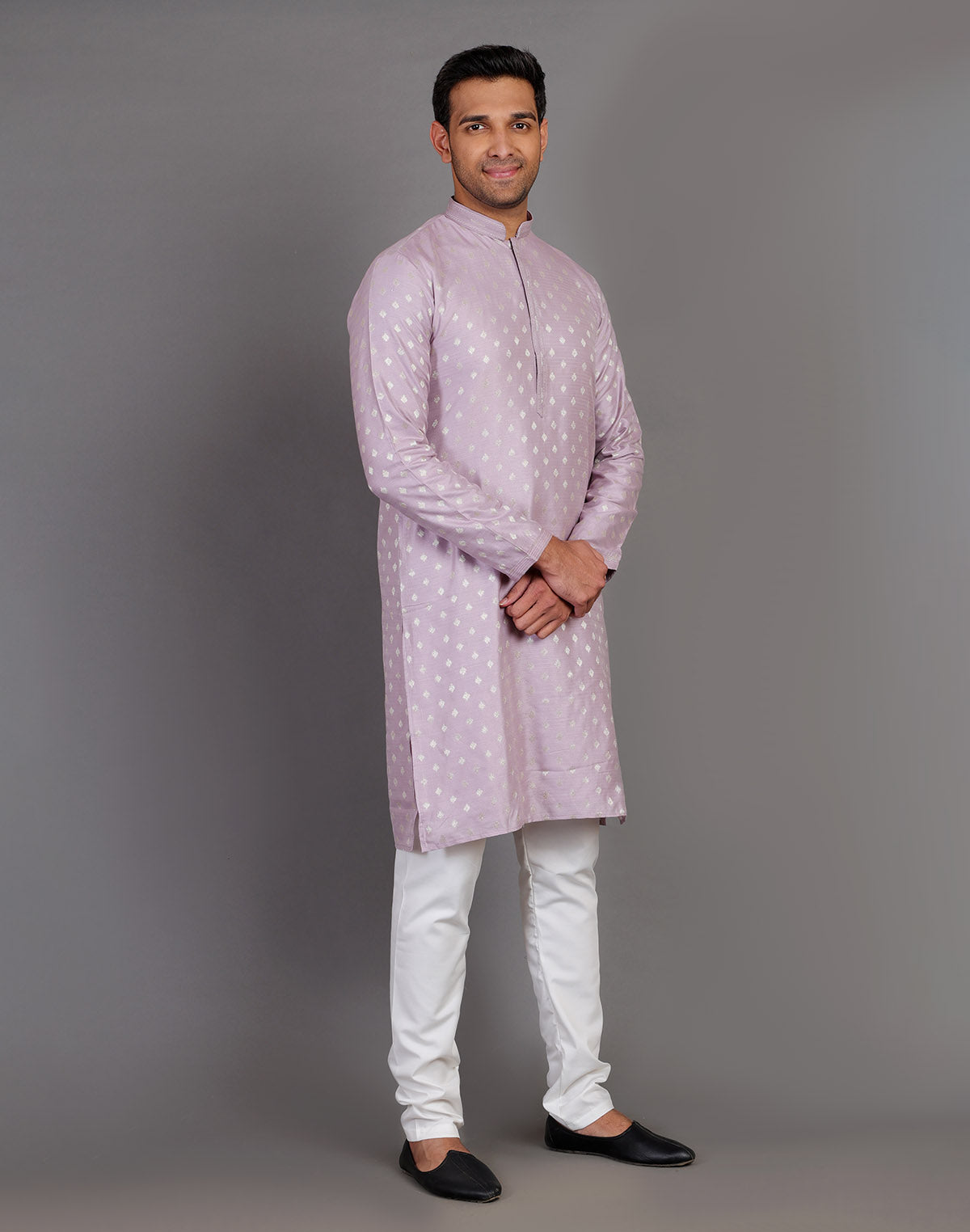 Collection of Soft Silk Lavender Coloured All Over Silver Bootis Kurta Pyjama Set in a gallery layout