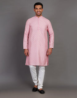 Collection of Pink Soft Silk All Over Silver Bootis Kurta Pyjama Set in a gallery layout