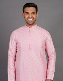 Collection of Pink Soft Silk All Over Silver Bootis Kurta Pyjama Set in a gallery layout