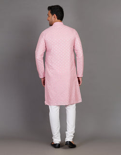 Collection of Pink Soft Silk All Over Silver Bootis Kurta Pyjama Set in a gallery layout