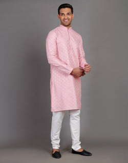 Collection of Pink Soft Silk All Over Silver Bootis Kurta Pyjama Set in a gallery layout