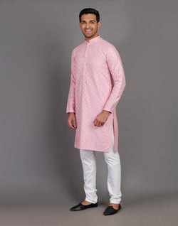 Collection of Pink Soft Silk All Over Silver Bootis Kurta Pyjama Set in a gallery layout