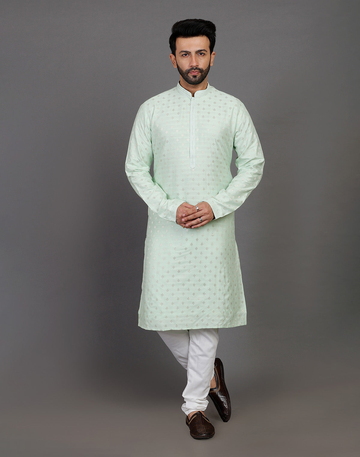 Collection of Soft Silk Pista Green All Over Silver Bootis Kurta Pyjama Set in a gallery layout